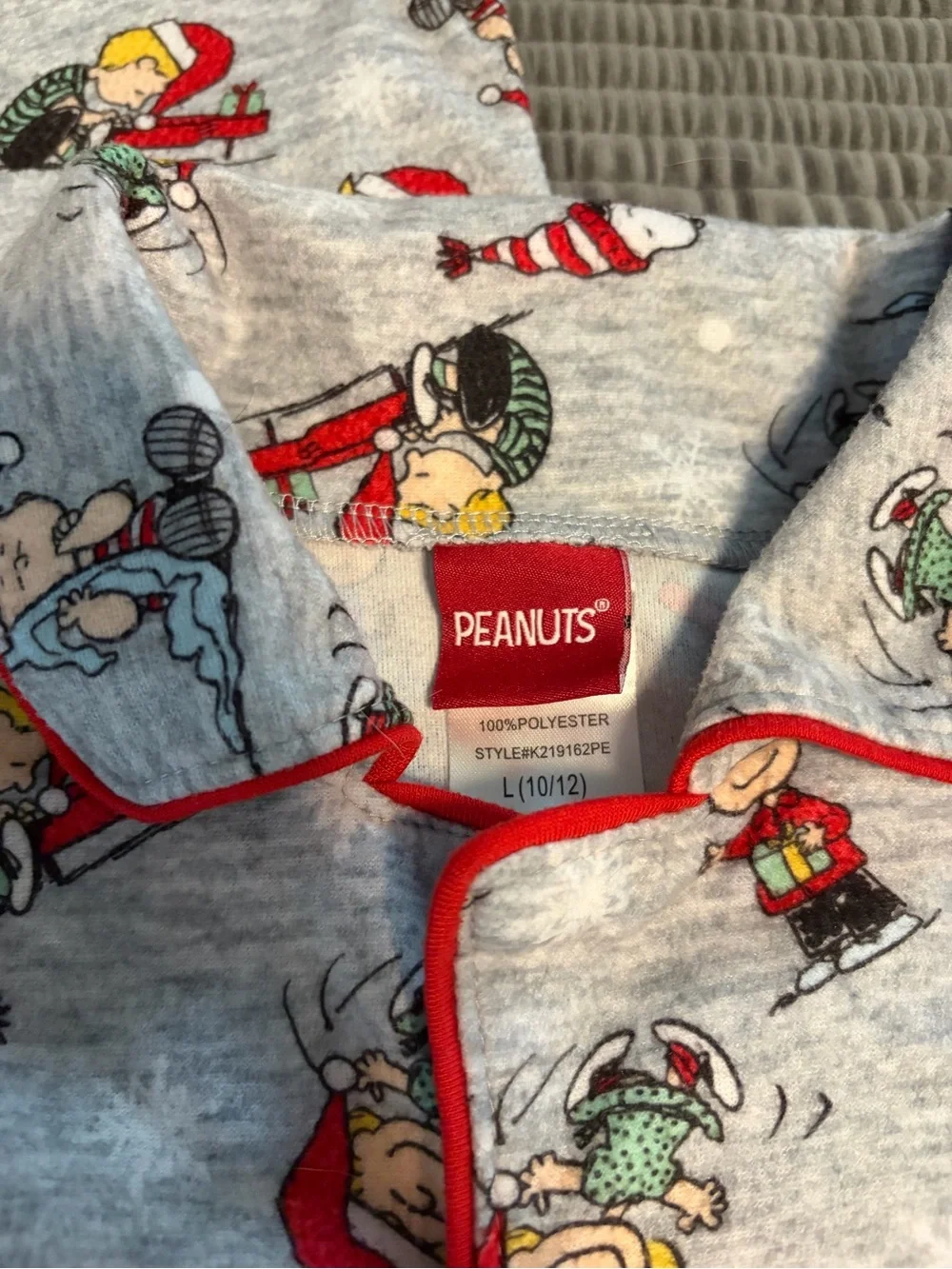Peanuts Grey Pajama Set with Red Trim and Holiday Print